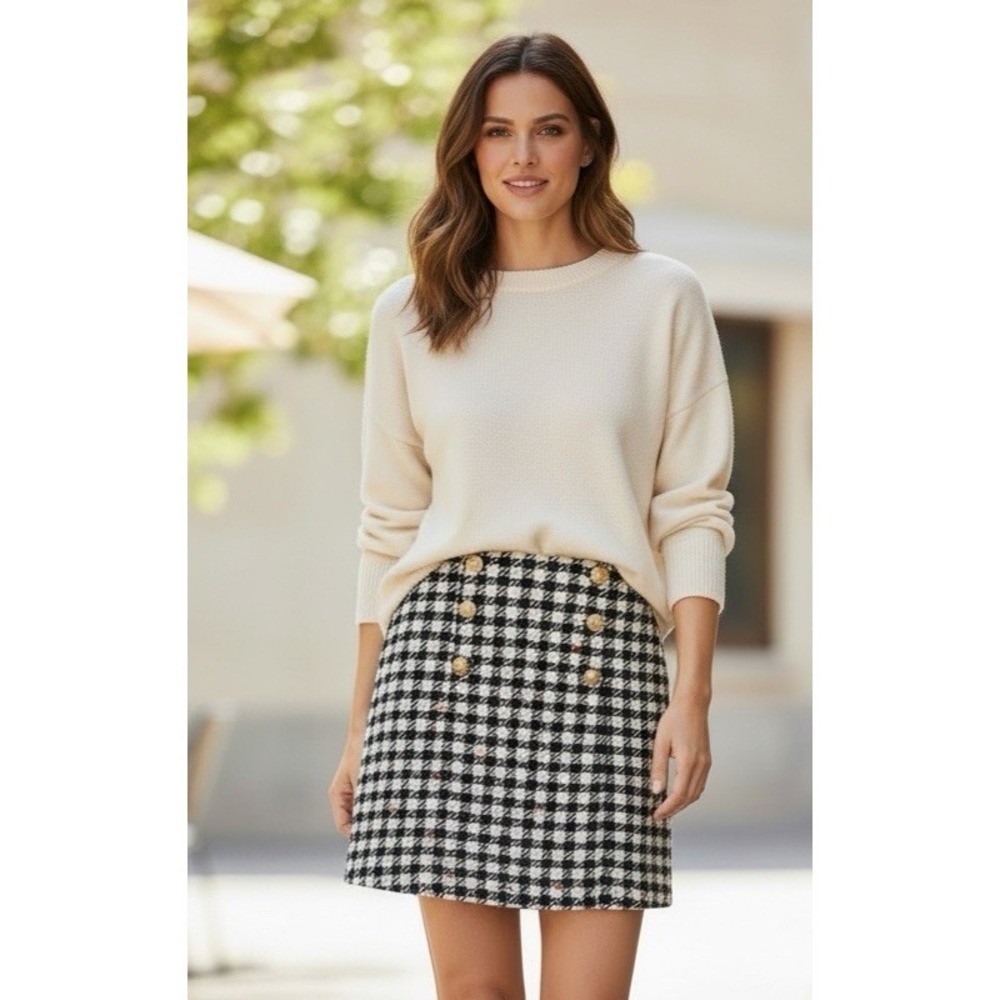 Talbots Women's 10 A-Line Wool Bld Mini Skirt Black Creme Multi Specs EUC